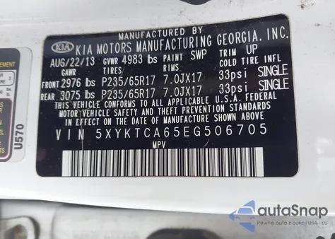 2014 Kia Sorento Lx z USA, uszkodzony, nr VIN 5XYKTCA65EG506705